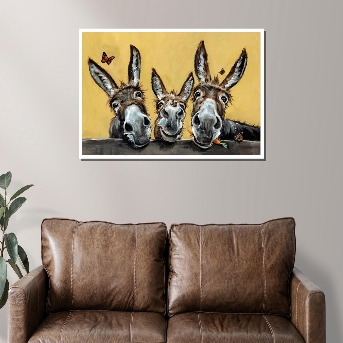 Three Playful Donkeys Peeking Over Wooden Fence Humor Wall Poster - Image 2
