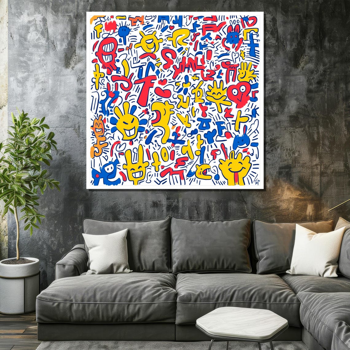 Keith Haring-Inspired Colorful Dancing Figures on White Canvas Poster - Image 2