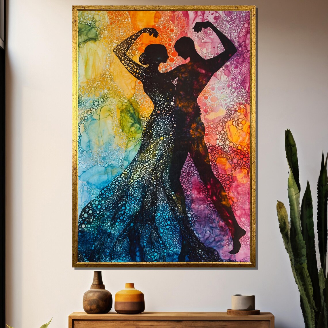 Dancing Couple Silhouette in Colorful Watercolor Splashes Poster