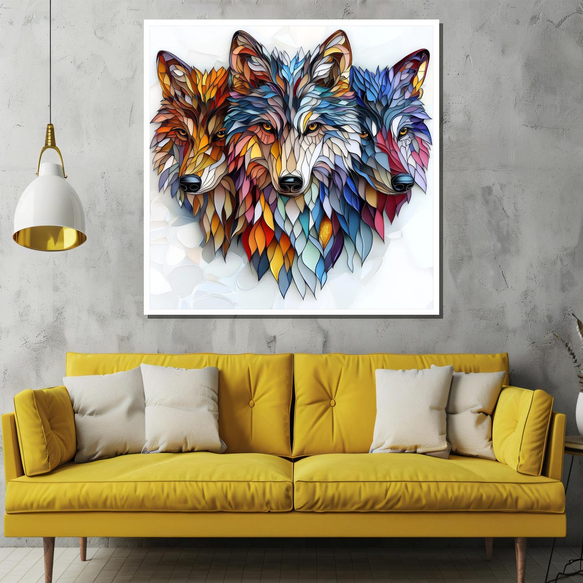 Three Colorful Mosaic Wolves in Vibrant Feather Pattern Modern Poster - Image 2