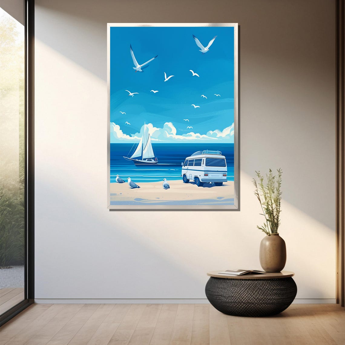 Coastal Campervan And Sailboat Painting Relaxing Seaside Art Gift For Nautical And Beach Lovers - Image 3