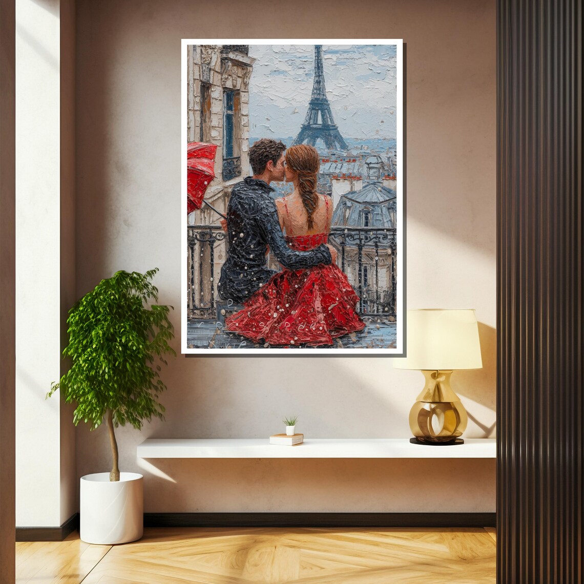 Romantic Paris Kiss Eiffel Tower Balcony Impasto Love Wall Art - Image 2