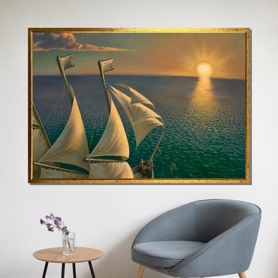 Surreal Ship With Key Masts At Sunset Painting Unique Nautical Art Gift For Surrealism Lovers Perfect For Wall Dcor