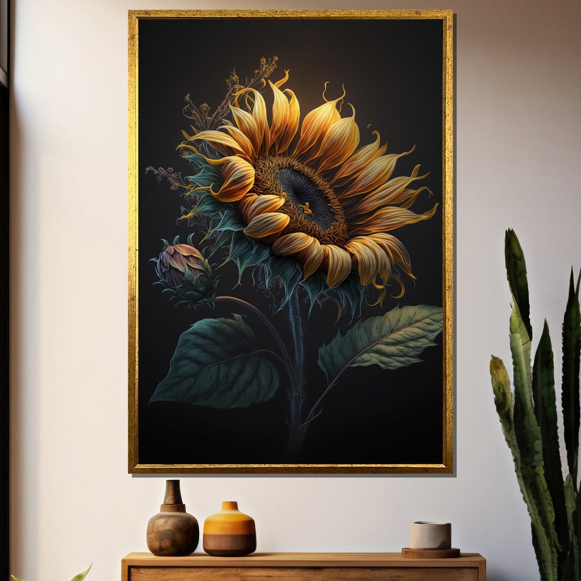 Dramatic Glowing Sunflower On Black Background Moody Floral Art Poster