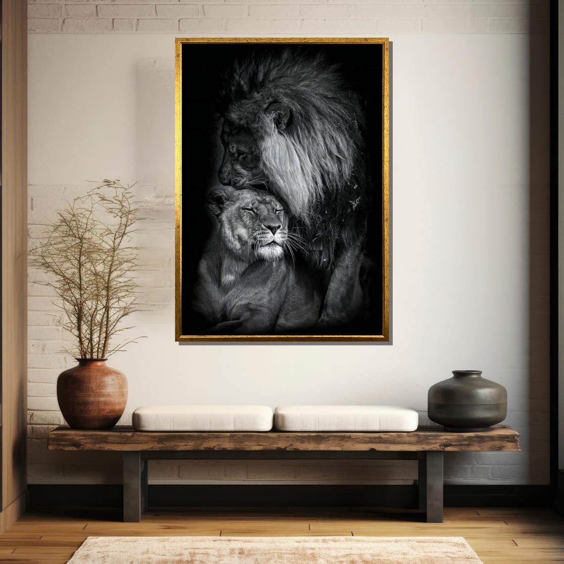 Black And White Lion Couple In Tender Nuzzle Intimate Wildlife Poster - Image 5