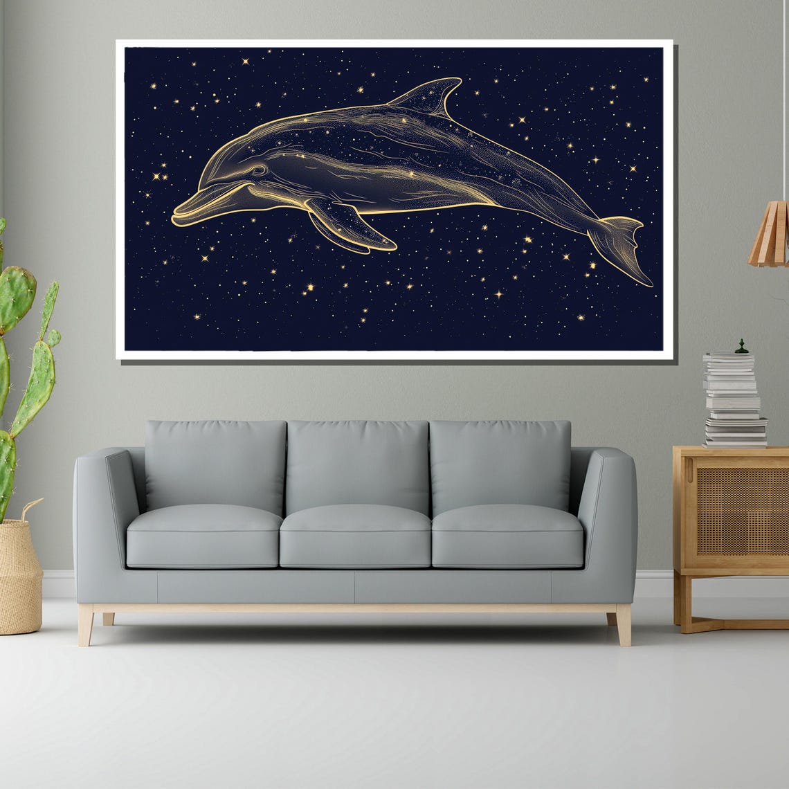 Golden Dolphin Constellation on a Starry Night Sky Art Poster - Image 2