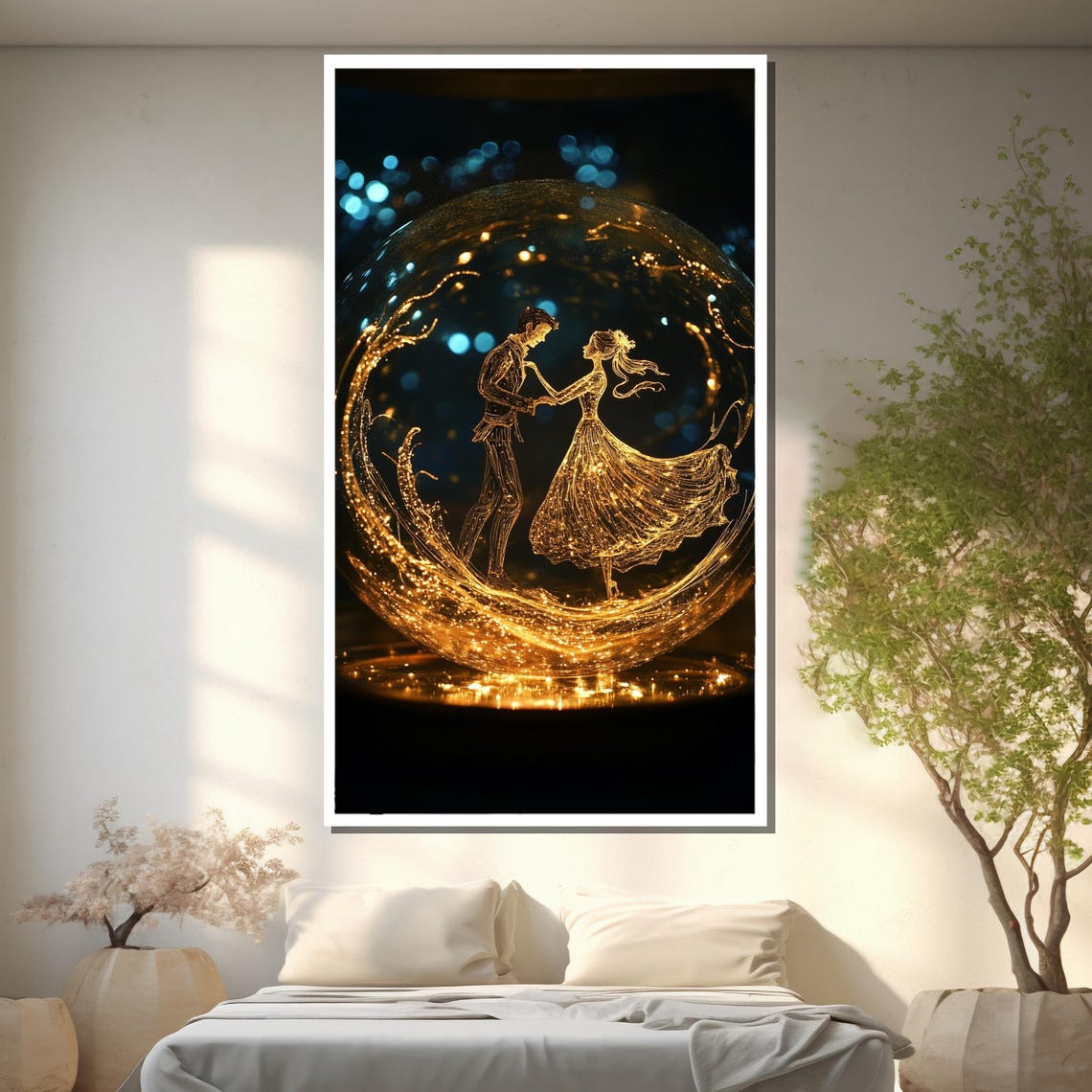 Romantic Golden Sparkling Dancing Couple Glowing Wedding Art Poster - Image 2