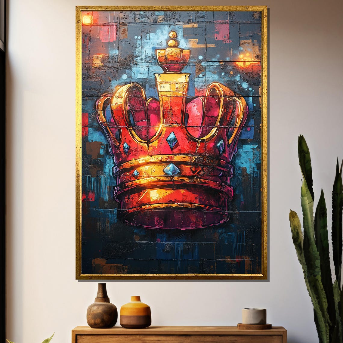 Gold and Red Jeweled Crown on Dark Blue Abstract Background Poster