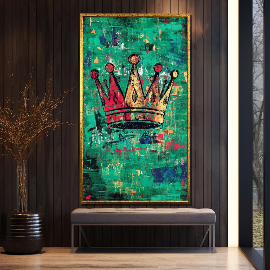 Red and Gold Crown on Emerald Green Abstract Background Poster - Image 5