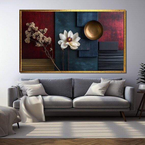 Luxury Mood Board Painting Elegant Dark Red And Blue Wall Art Gold Accents Modern Interior Decor Sophisticated Abstract Artwork