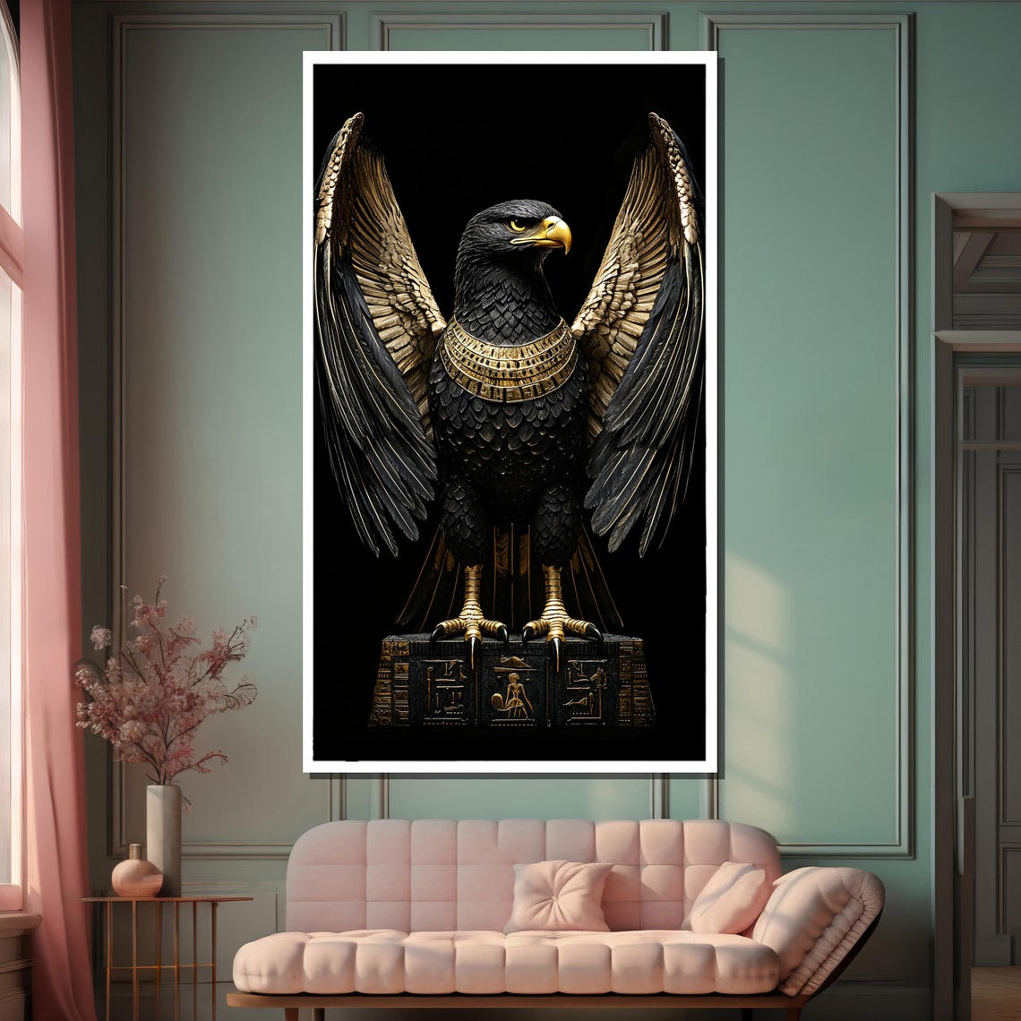Regal Egyptian Falcon with Golden Wings on Hieroglyph Pedestal Poster - Image 2