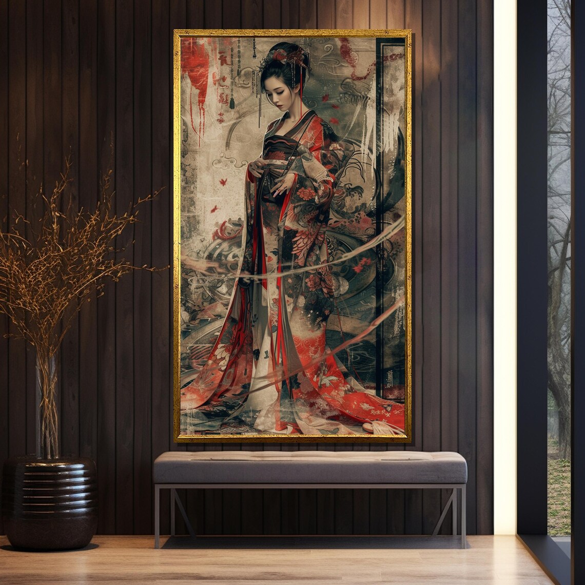 Traditional Japanese Woman in Ornate Red Kimono Vintage Art Poster - Image 5