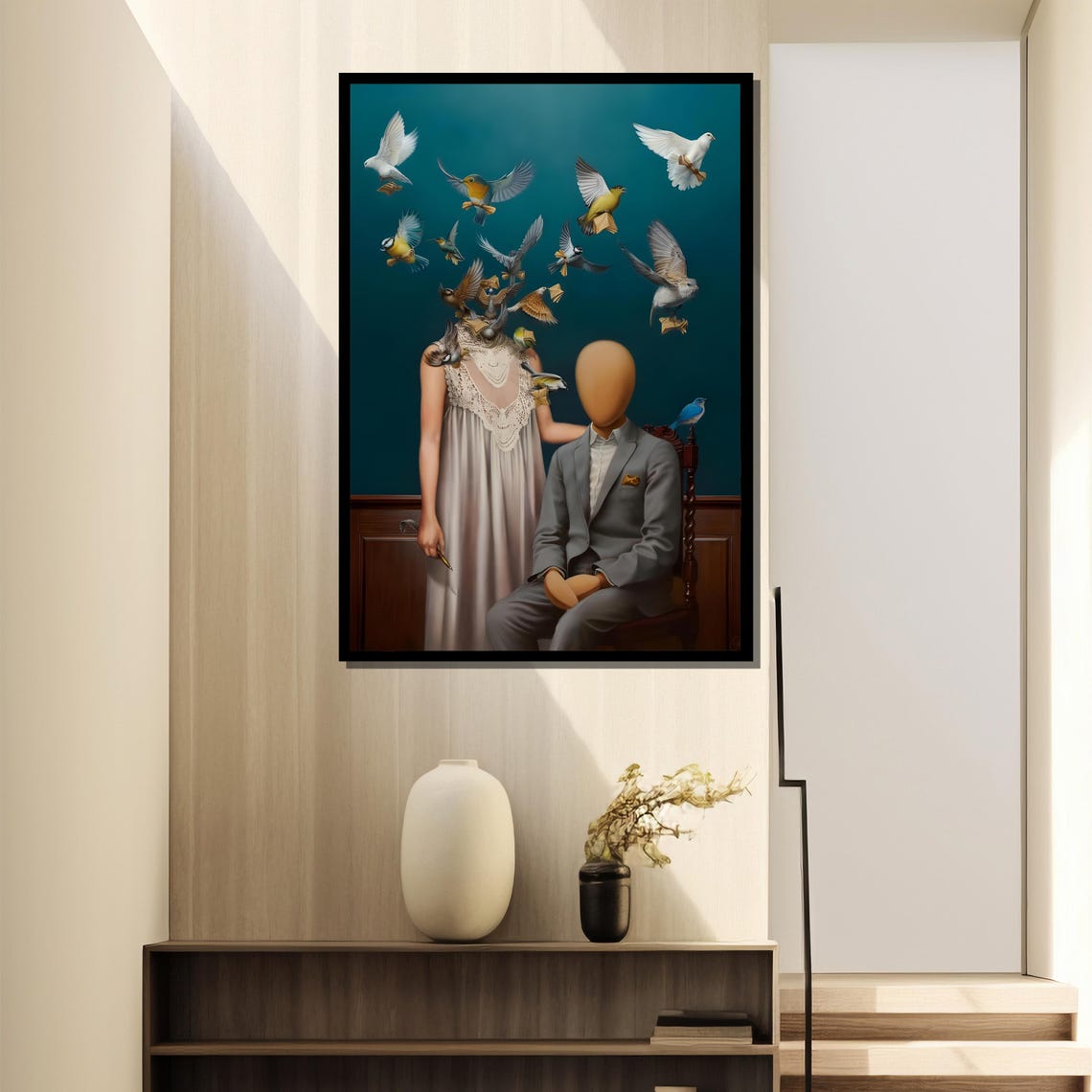 Surreal Faceless Couple with Birds Flying from Her Mind Poster - Image 4