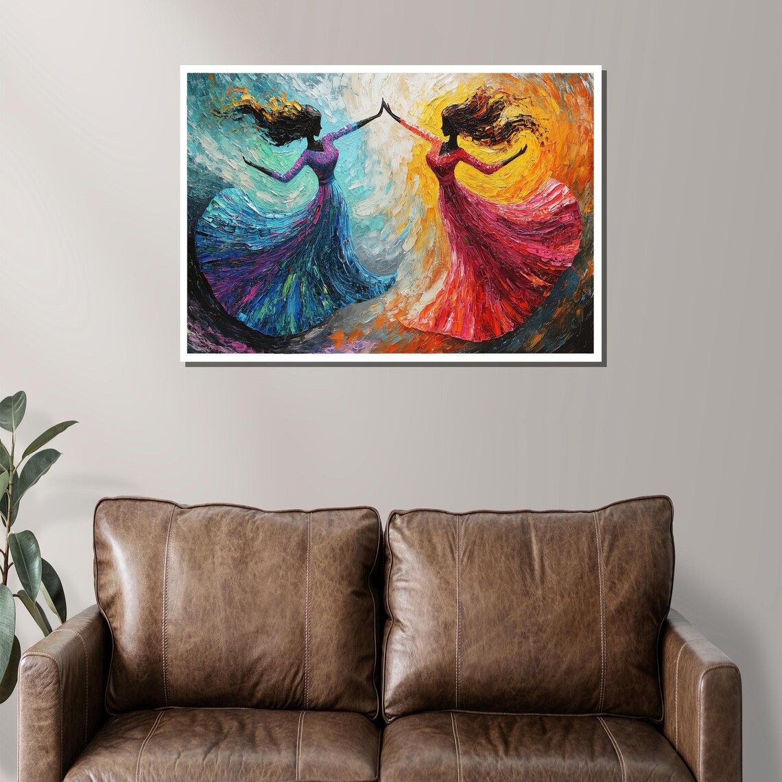 Two Dancing Women in Flowing Blue and Red Gowns Impasto Art Poster - Image 2
