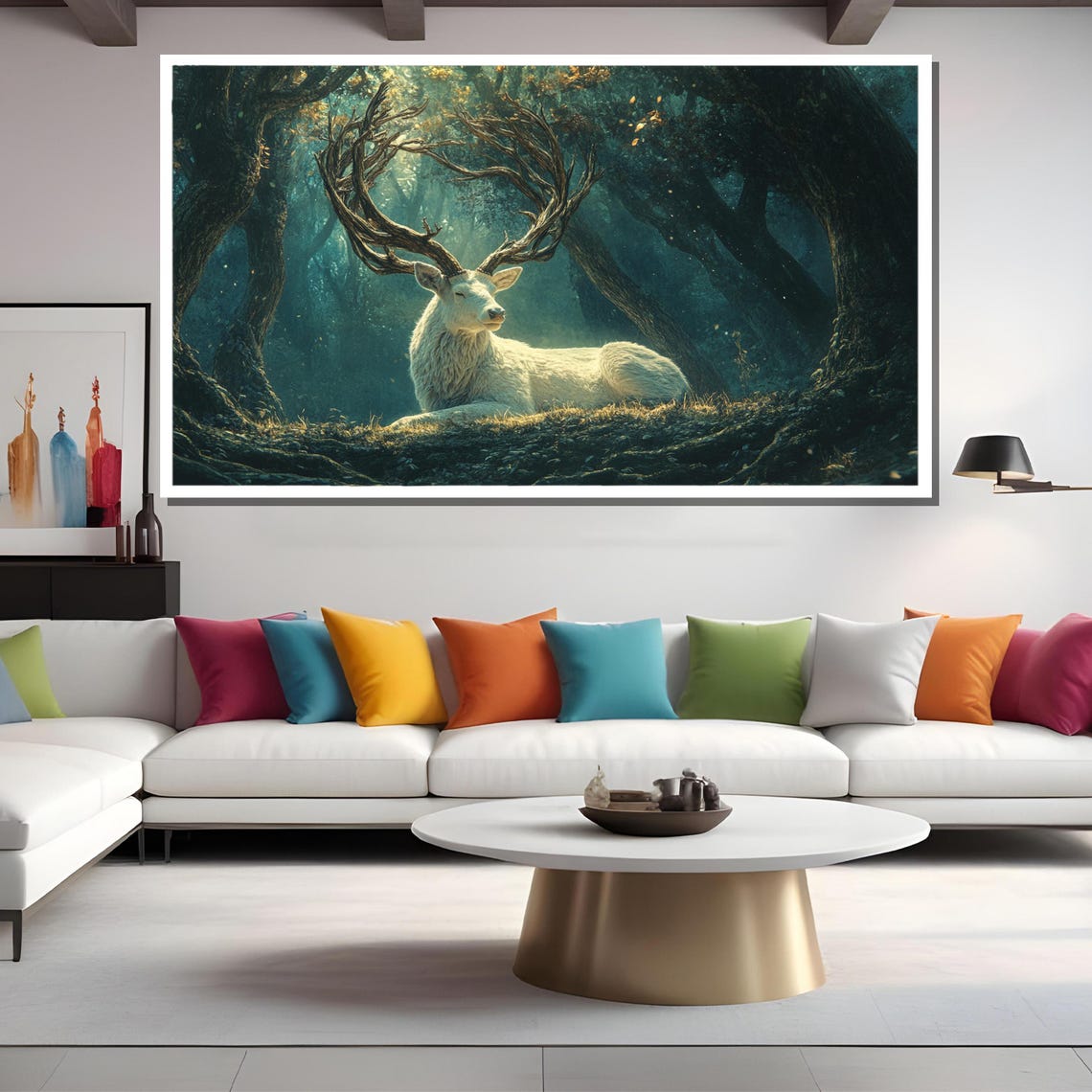 Majestic White Stag Resting In Enchanted Forest Grove Art Poster - Image 2