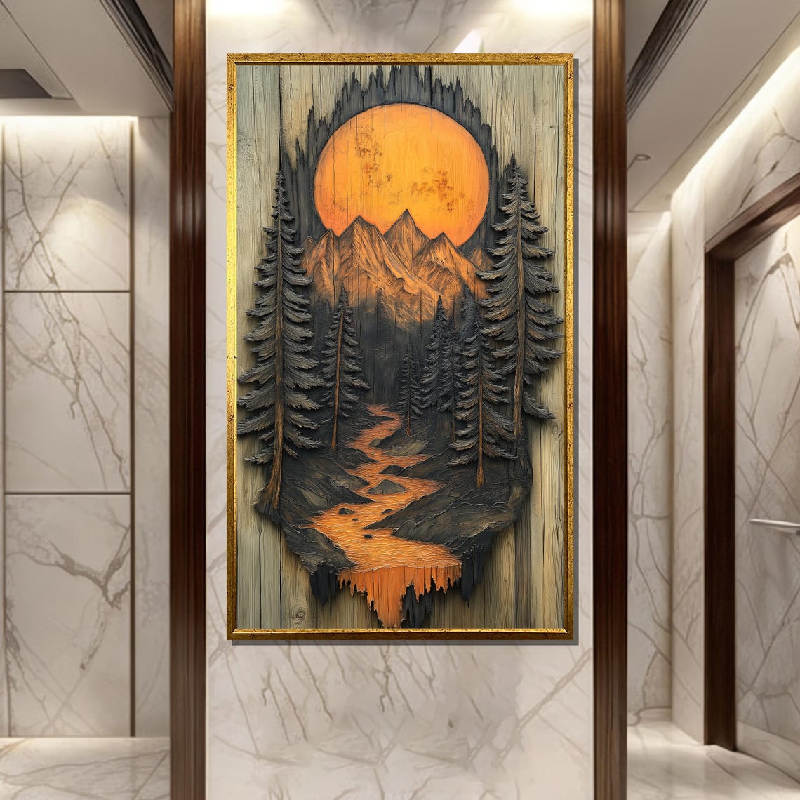 Sunset Carved Wooden Painting Mountain Stream Art Gift For Rustic Nature Decor