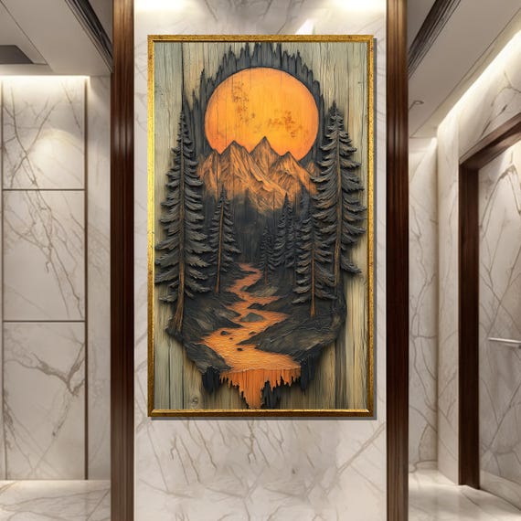 Sunset Carved Wooden Painting Mountain Stream Art Gift For Rustic Nature Decor
