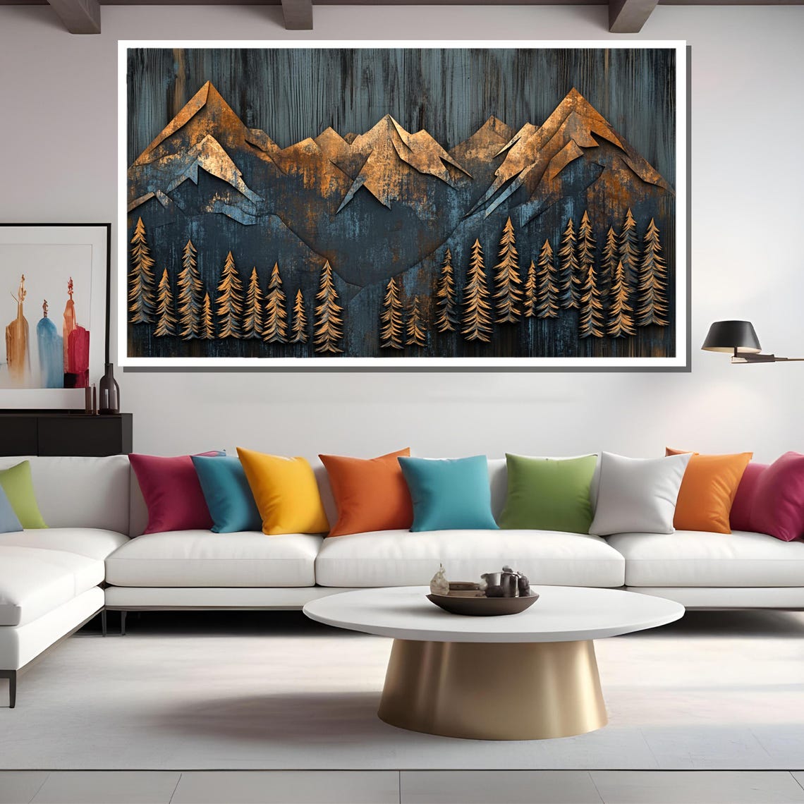 Rustic Metallic Mountain Painting Layered Forest Wall Art Gift For Modern Home Decor - Image 2