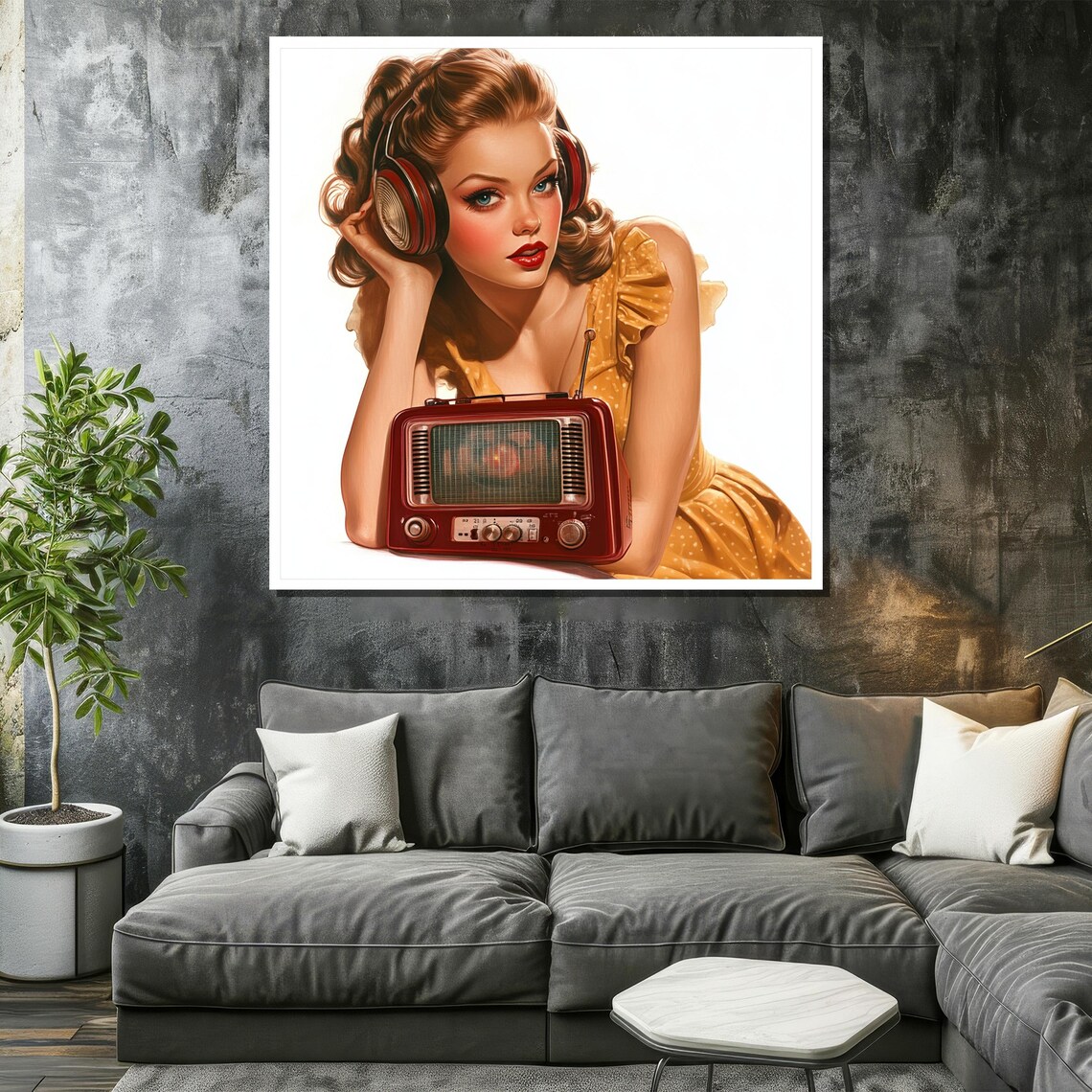 Retro Pin Up Girl with Headphones and Vintage Red Radio Poster - Image 2