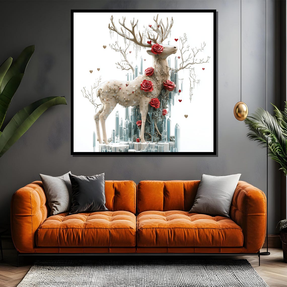 White Crystal Deer Adorned with Red Roses Ice Sculpture Art Poster - Image 4