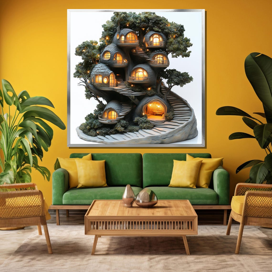 Magical Glowing Treehouse Village Enchanted Fantasy Art Poster - Image 3