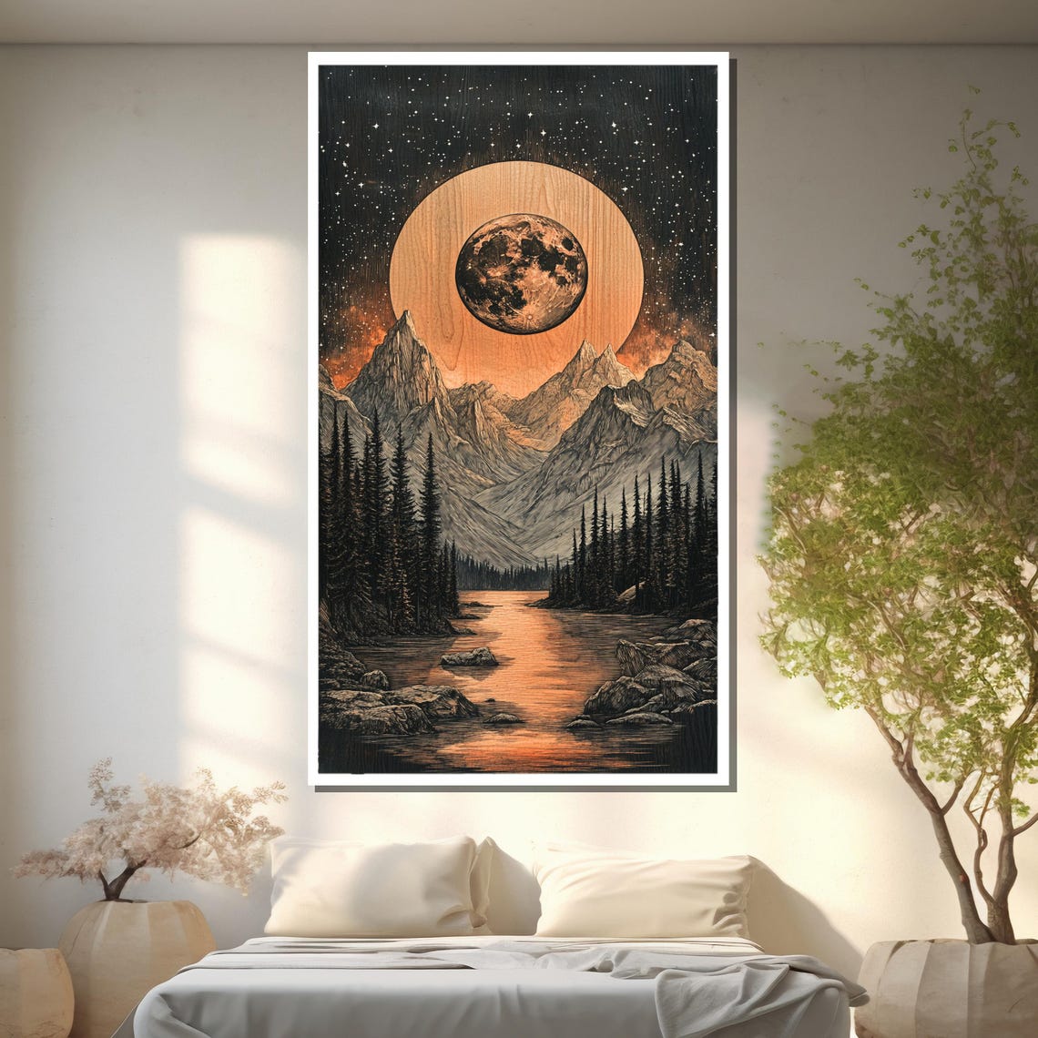 Moonlit Mountain Wood Engraving Painting Celestial Night Art Gift For Rustic Home Decor - Image 2