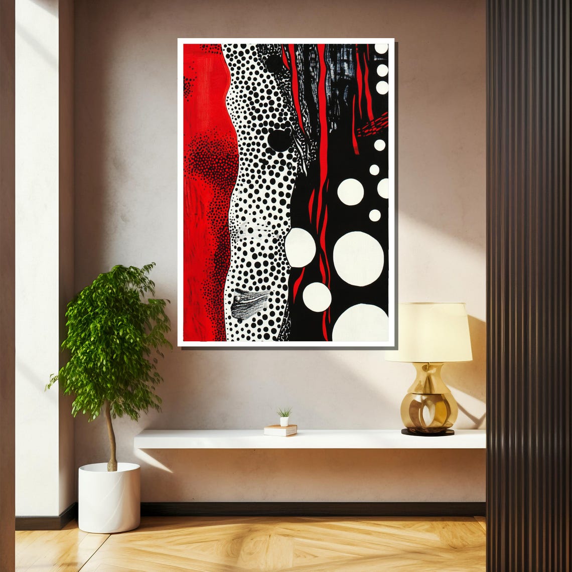 Kusama-Inspired Red Black and White Polka Dot Abstract Waves Poster - Image 2