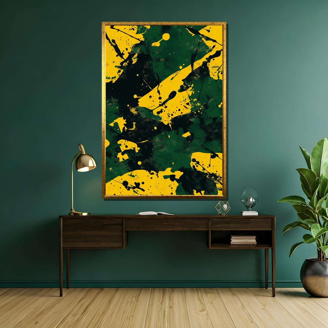 Yellow Green Black Abstract Camouflage Splash Painting Poster - Image 5