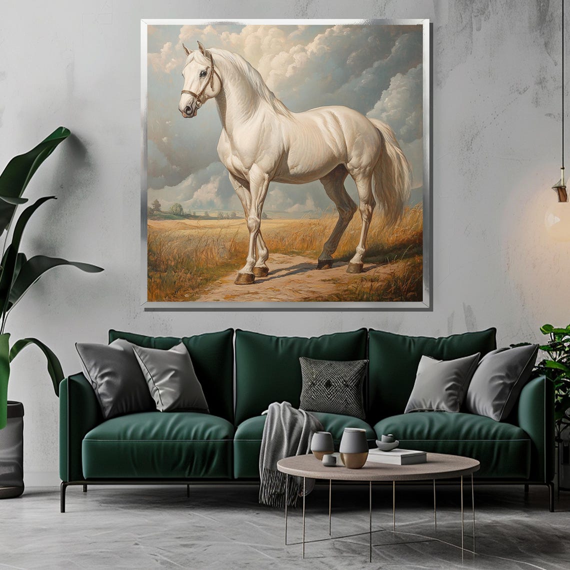 Majestic White Horse Standing in Classic Pastoral Landscape Poster - Image 3