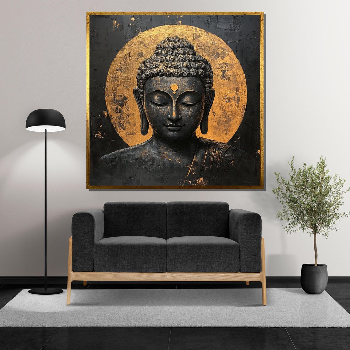 Serene Black and Gold Buddha with Radiant Golden Halo Poster - Image 5