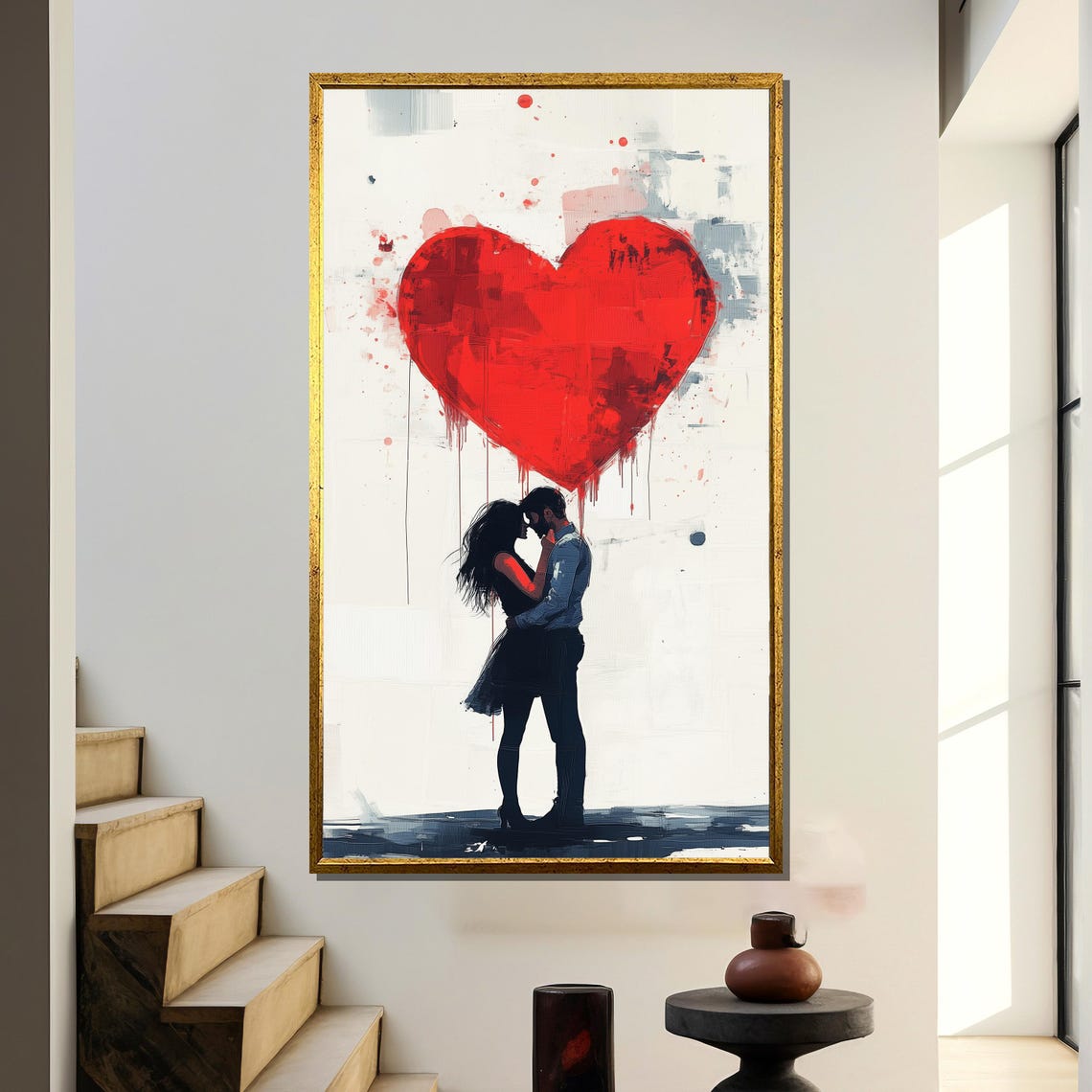 Romantic Couple Under Giant Dripping Red Heart Abstract Love Poster