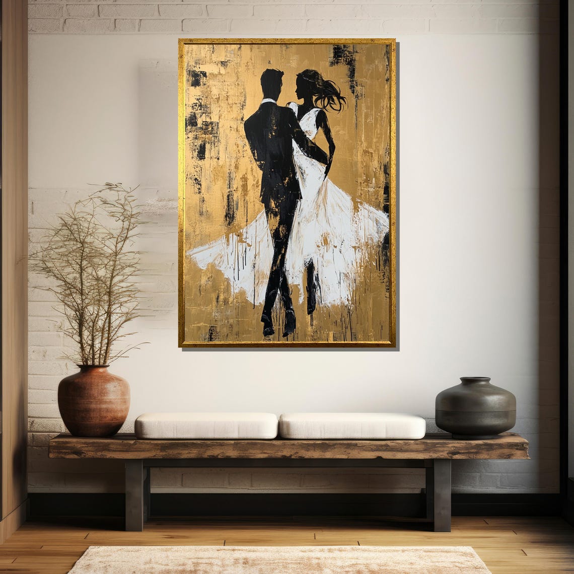 Abstract Elegance In Gold Painting Graceful Couple Dancing In White Dress Modern Art Gift For Lovers Sophisticated Wall Decor - Image 5