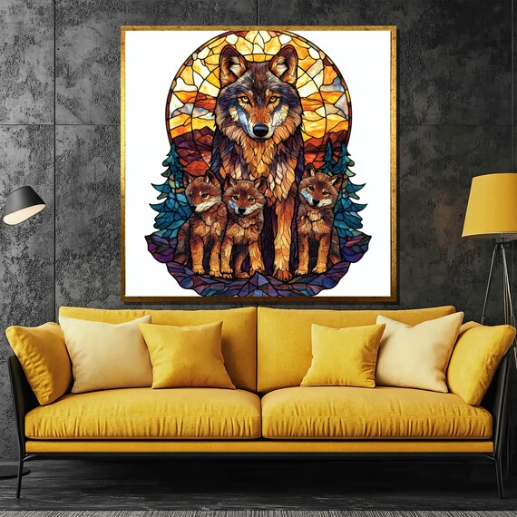Stained Glass Wolf Mother with Three Pups at Sunset Art Poster