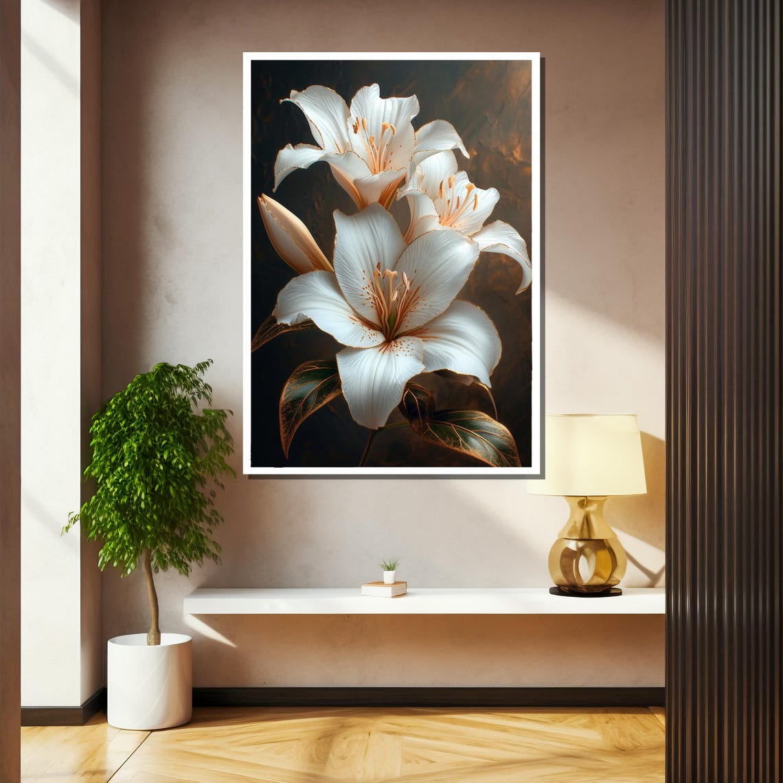 White Lilies With Golden Edged Petals Elegant Floral Wall Art - Image 2