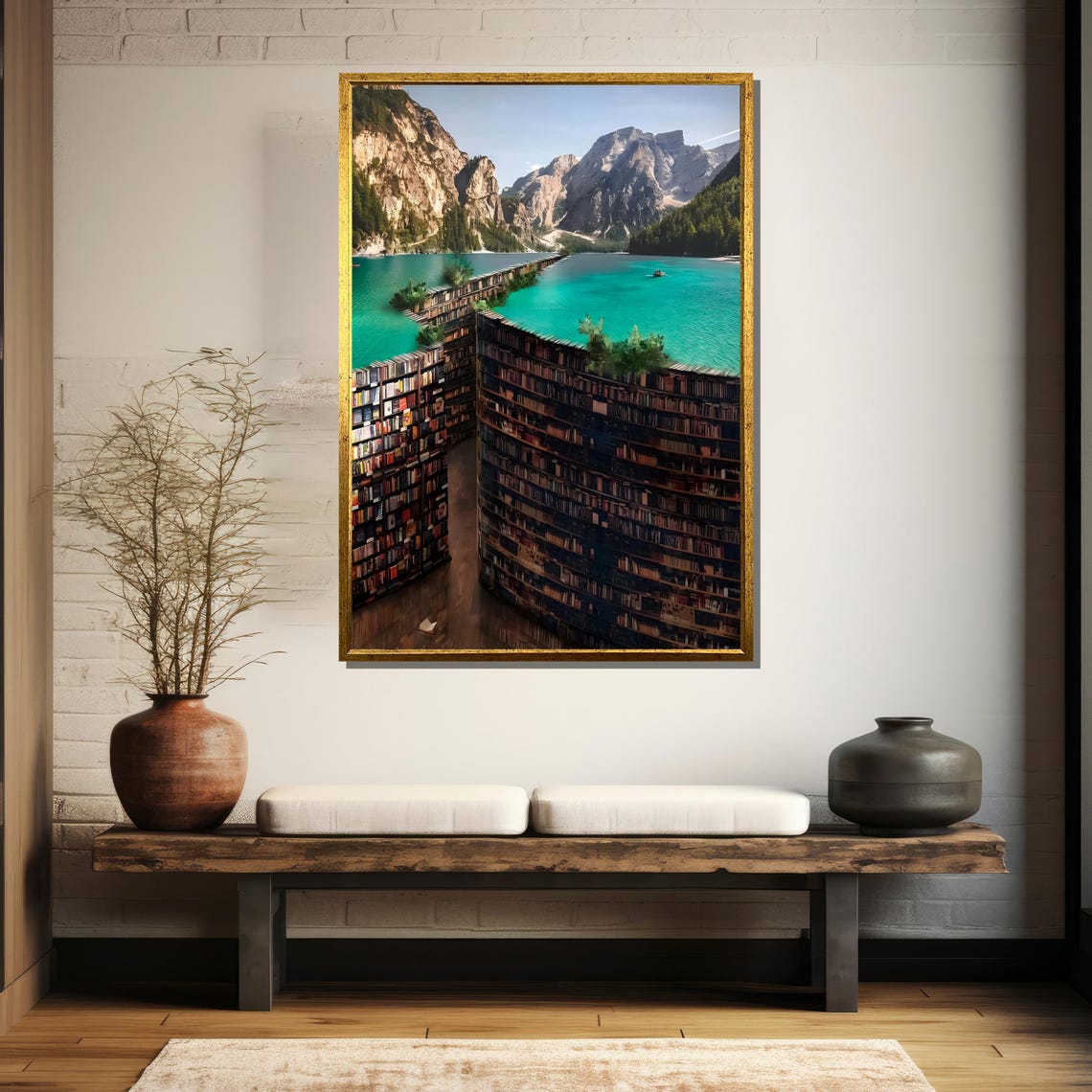 Surreal Book Lined Lake And Mountain Landscape Painting Dreamlike Nature And Knowledge Fusion Art Gift - Image 5