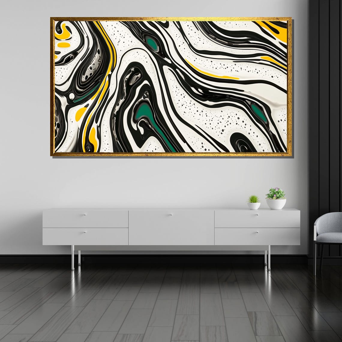 Black White Yellow Green Fluid Swirl Modern Abstract Decor Poster - Image 5