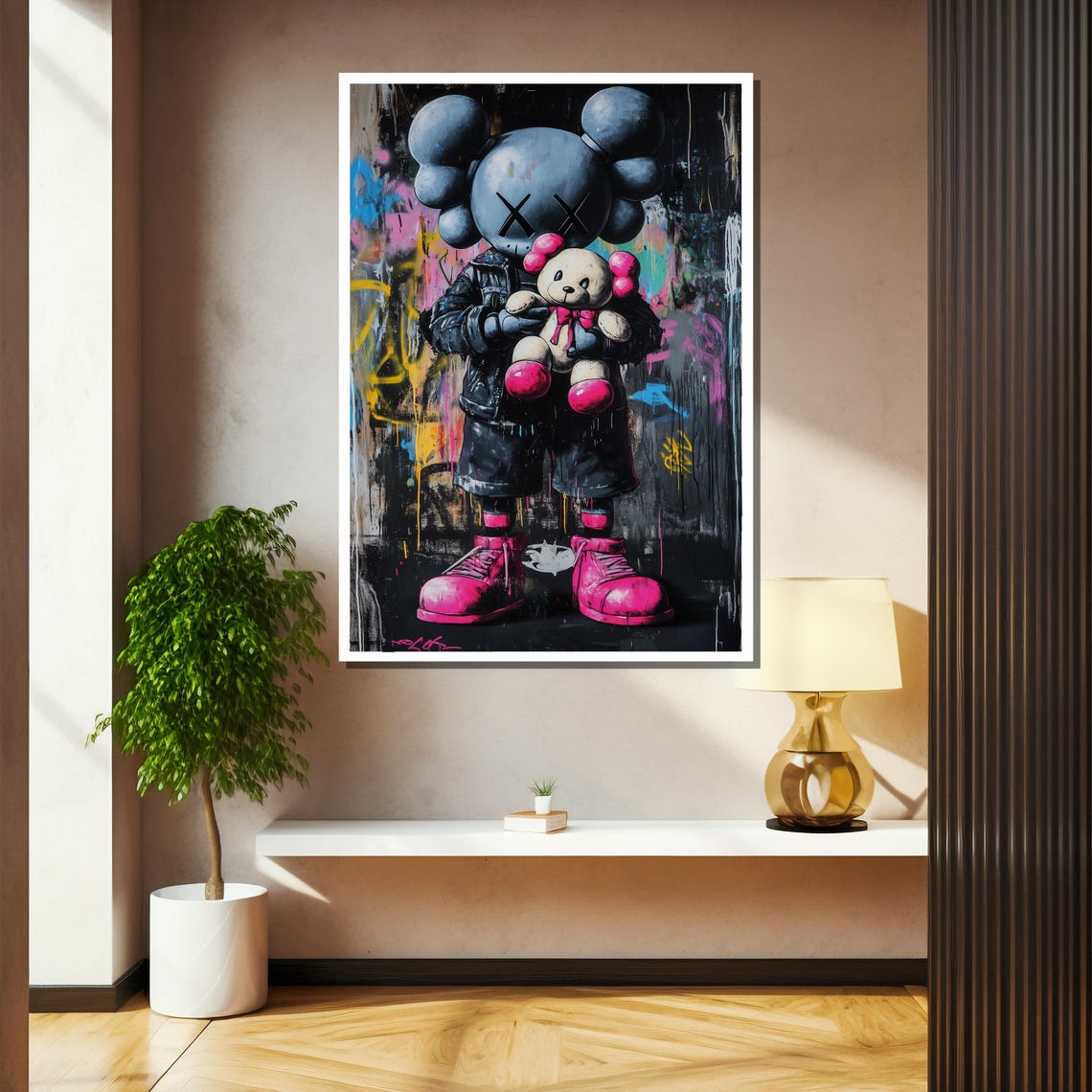KAWS-Inspired X-Eyed Toy Figure Holding Teddy Bear Street Poster - Image 2