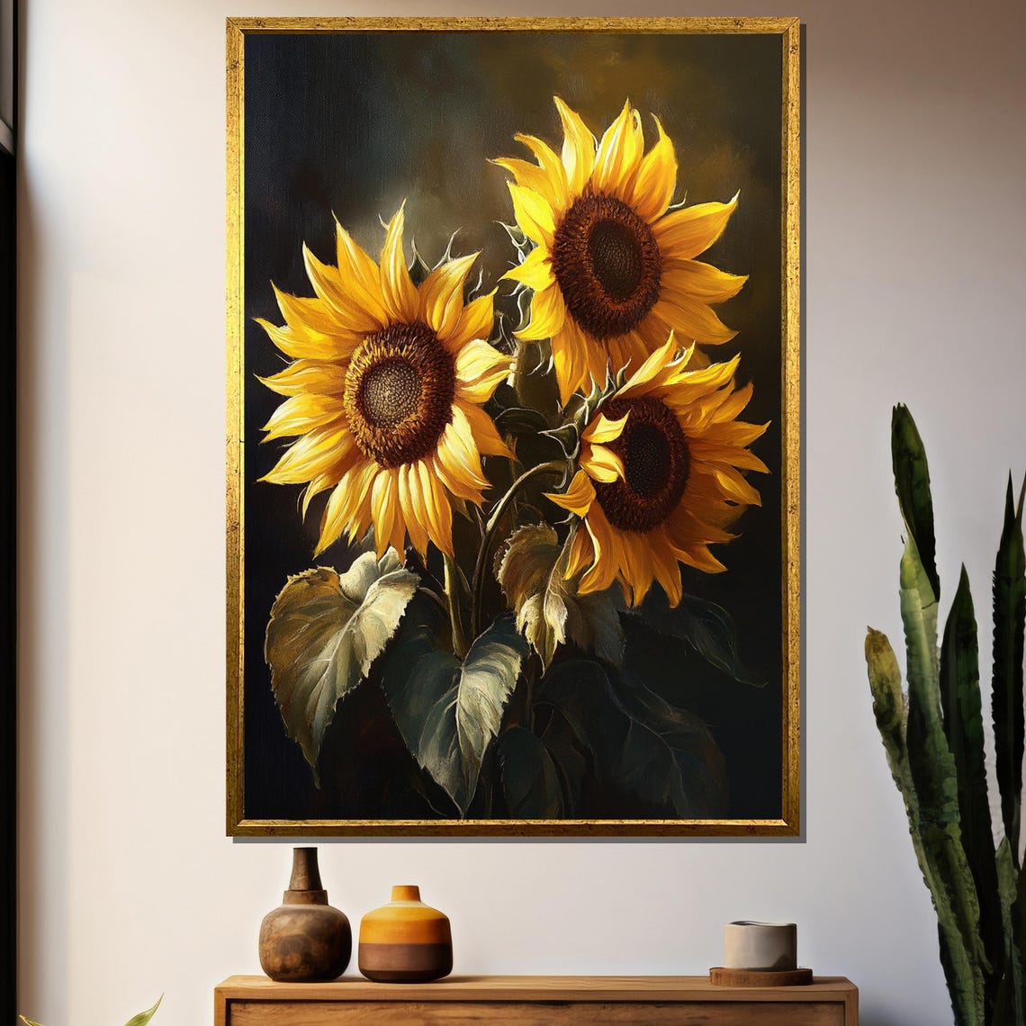 Classic Still Life Of Three Sunflowers On Dark Backdrop Poster