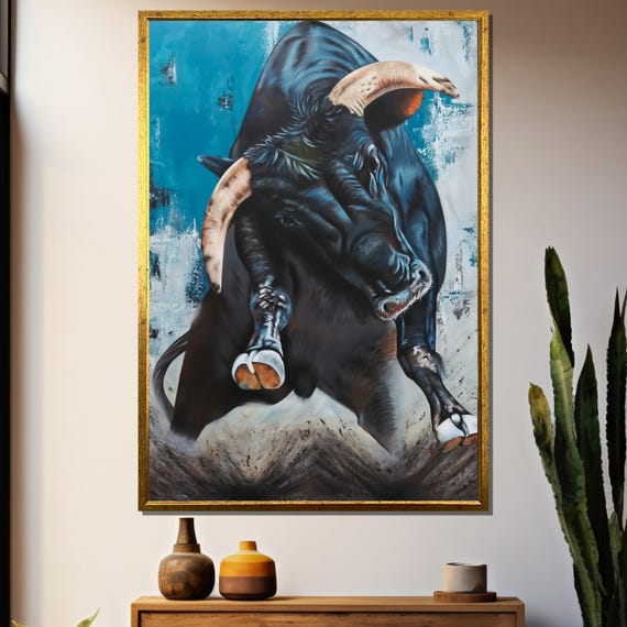 Powerful Bull Painting Dynamic Animal Artwork For Bold Wall Decor And Unique Gift Idea
