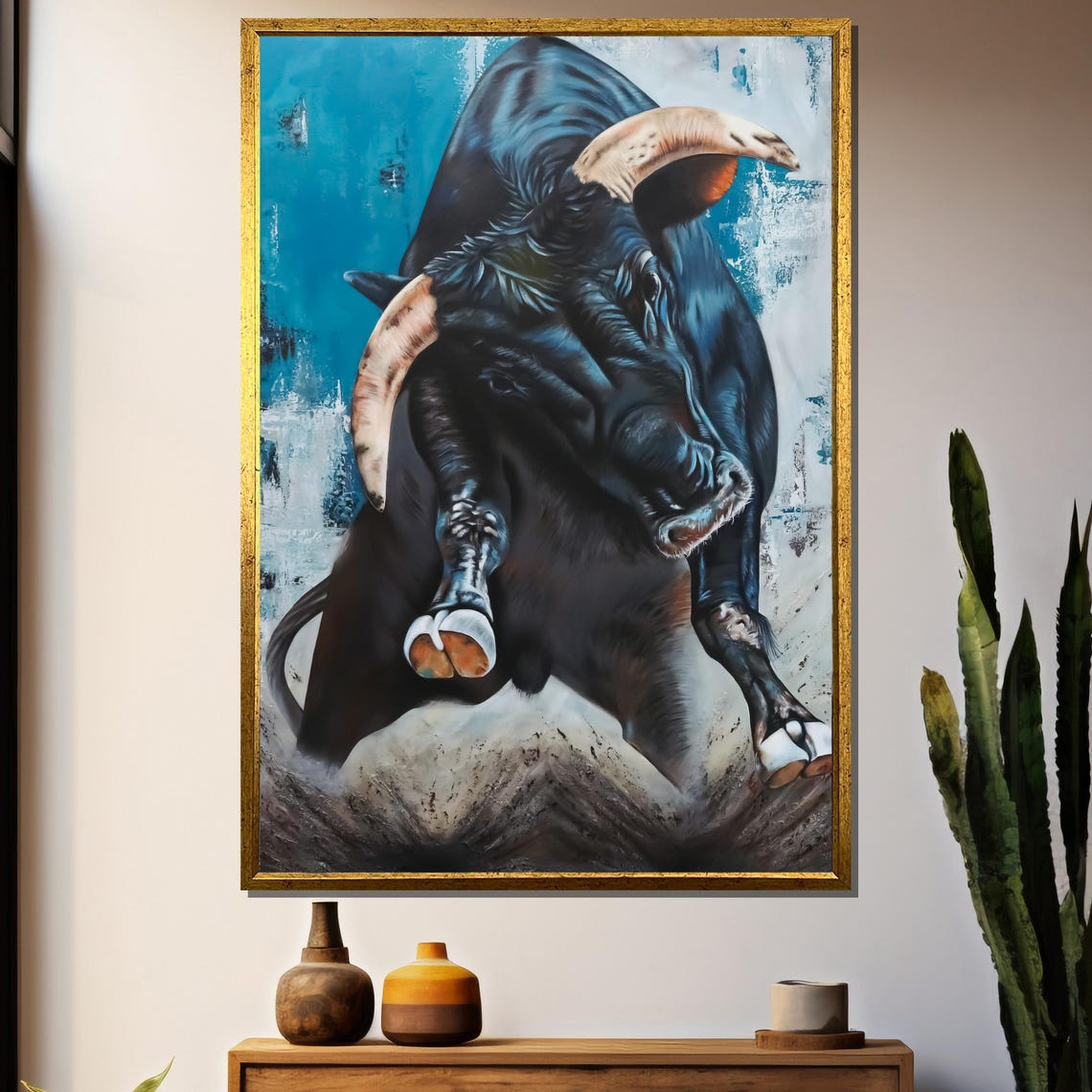 Charging Wild Buffalo With Curved Horns Dynamic Wildlife Action Poster
