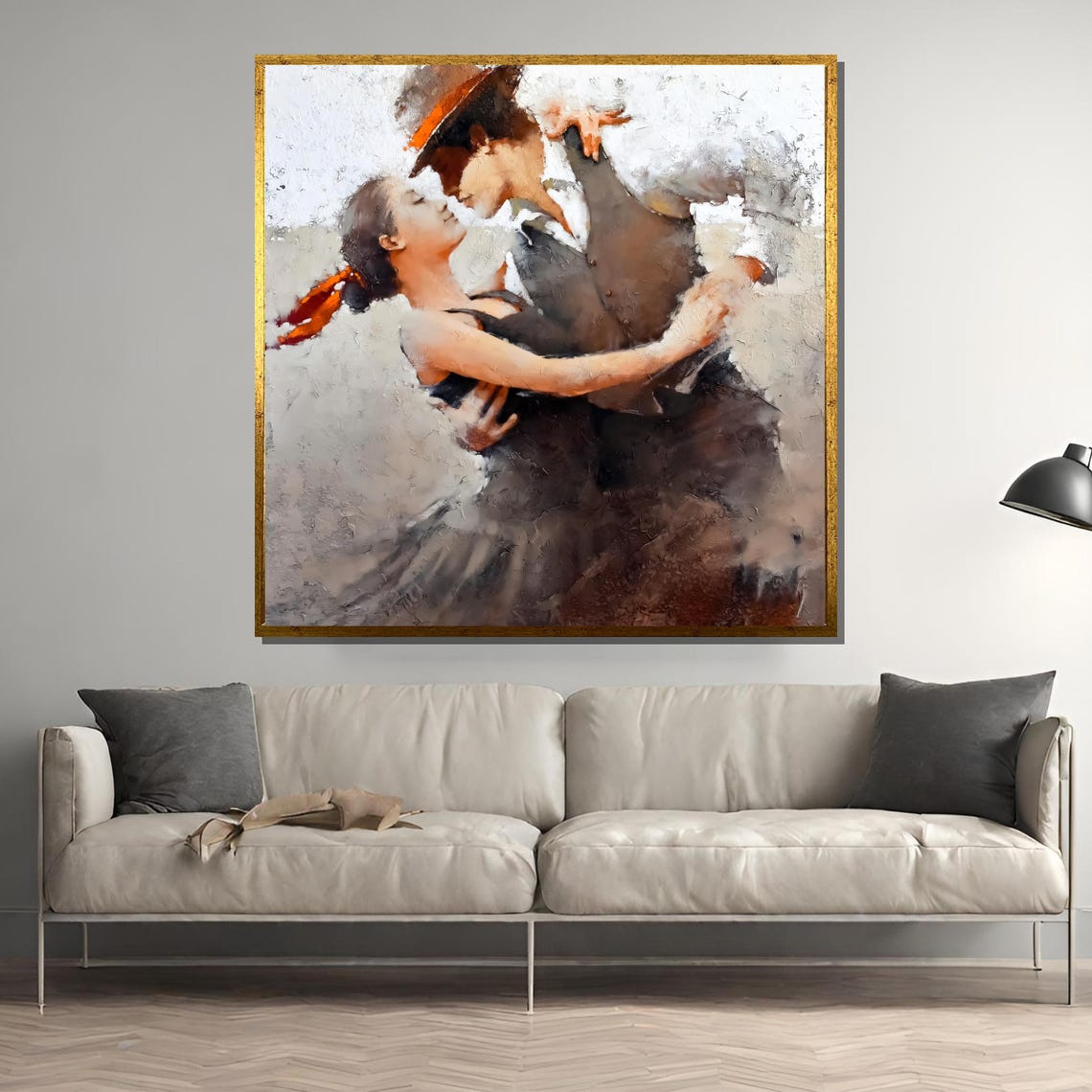 Elegant Couple In Passionate Embrace Tango Dance Painting With Textured Brushstrokes Ideal Gift For Dance Lovers
