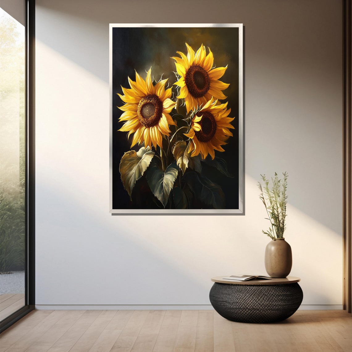 Classic Still Life Of Three Sunflowers On Dark Backdrop Poster - Image 3