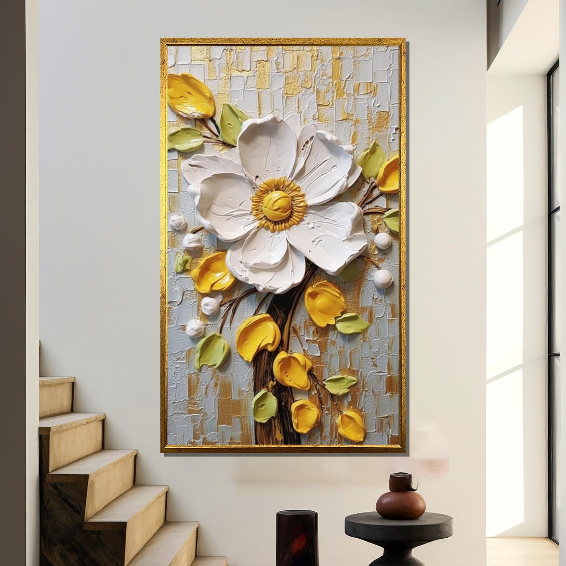 Elegant White Anemone Textured 3D Floral Painting Golden Wall Art