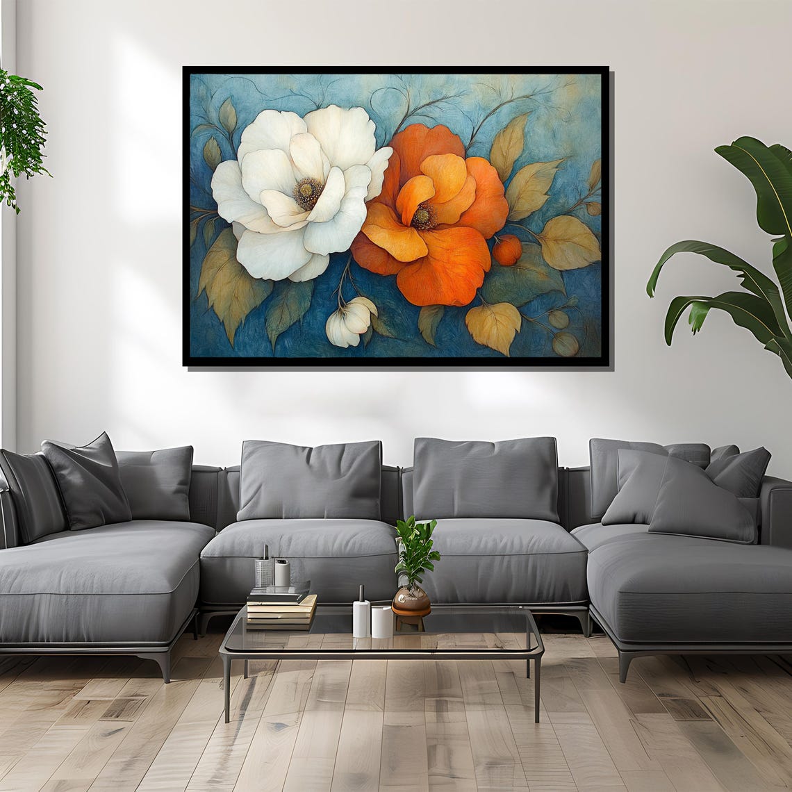 White And Orange Blossoms Modern Elegant Botanical Floral Wall Art - Image 4
