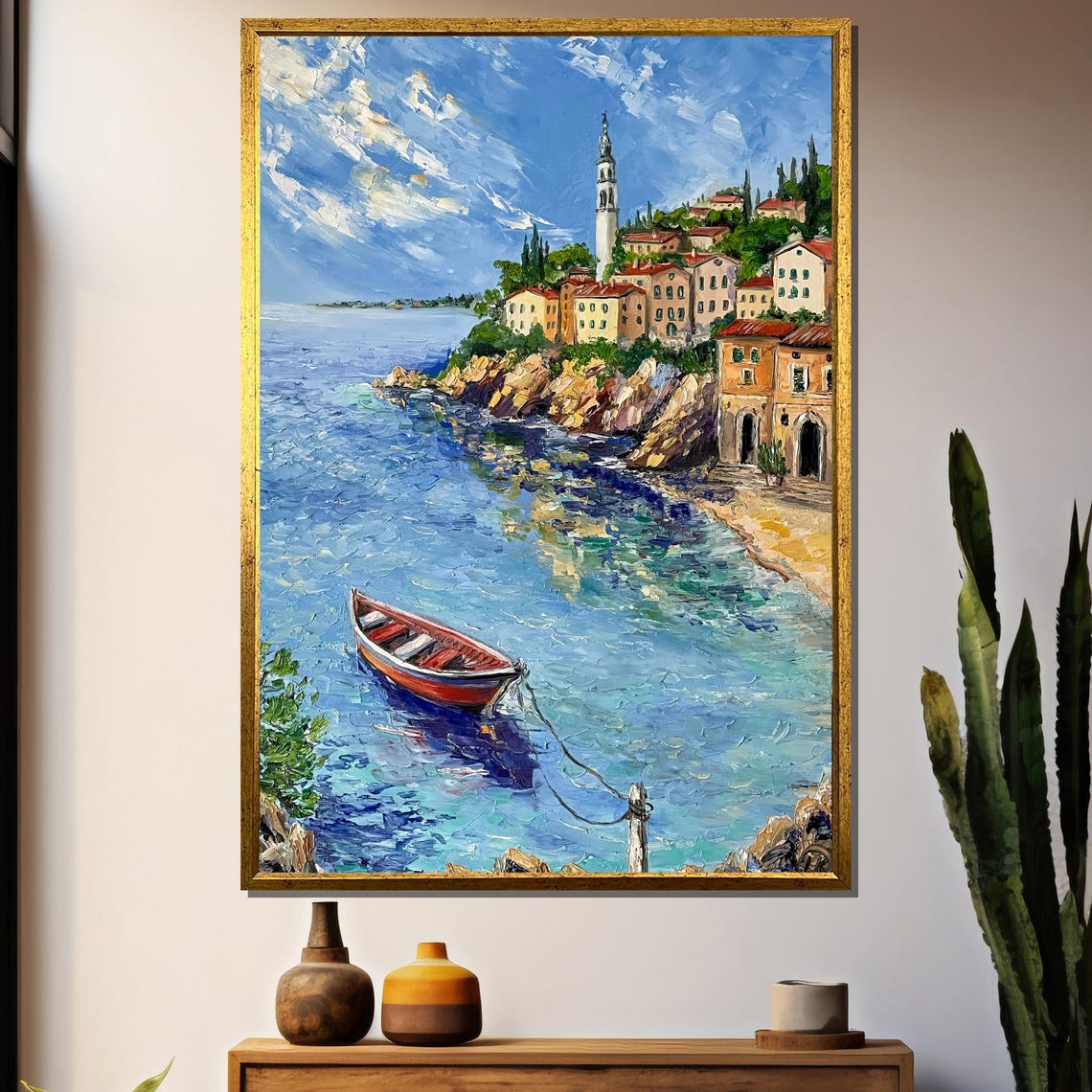 Mediterranean Cliffside Village Harbor Scene Painting Poster