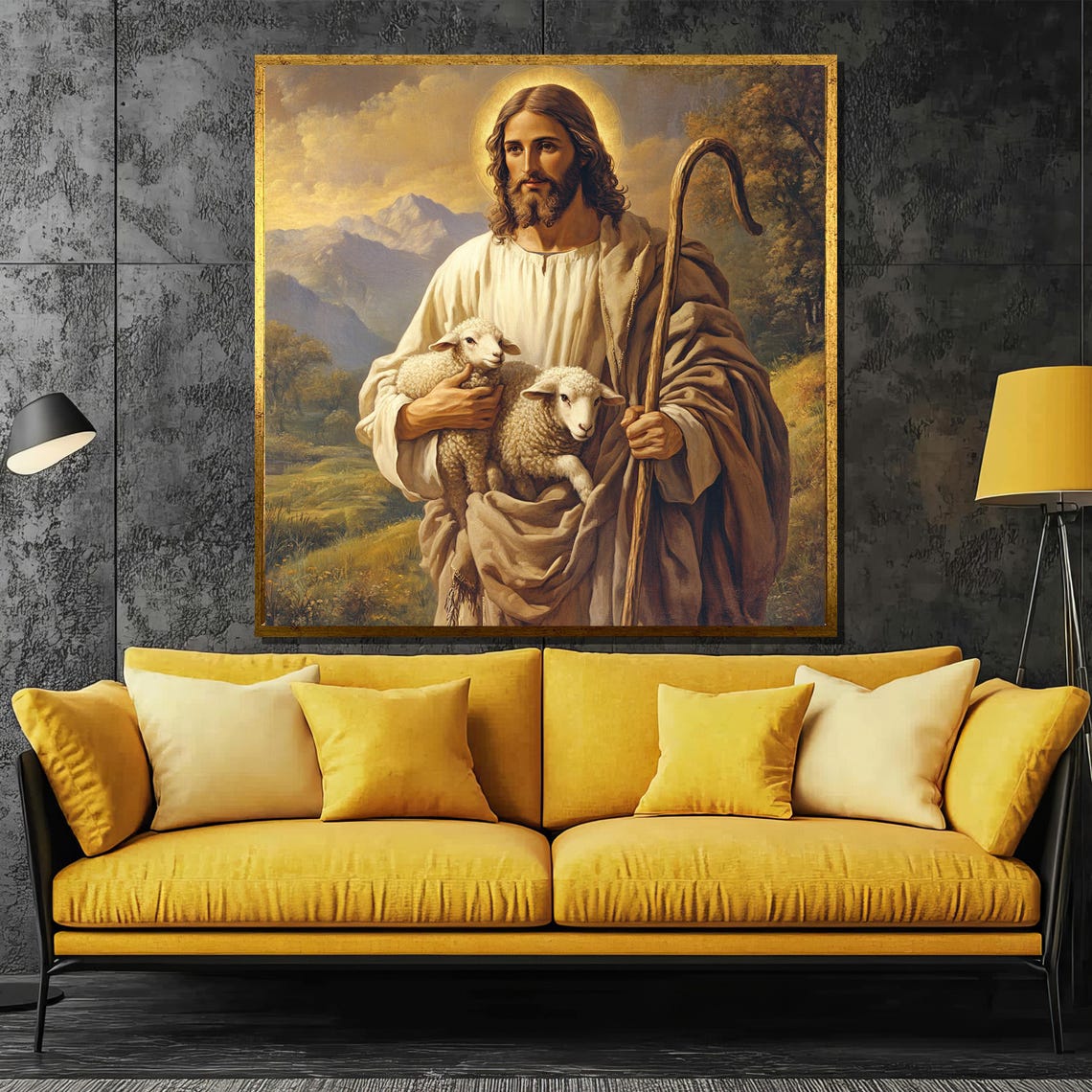 Jesus the Good Shepherd Holding Lambs Devotional Wall Poster