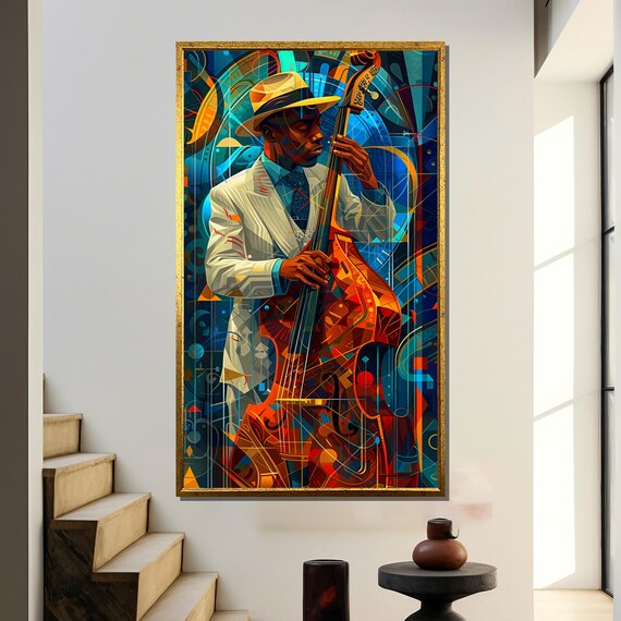 Vibrant Art Deco Jazz Double Bassist Musician Portrait Poster