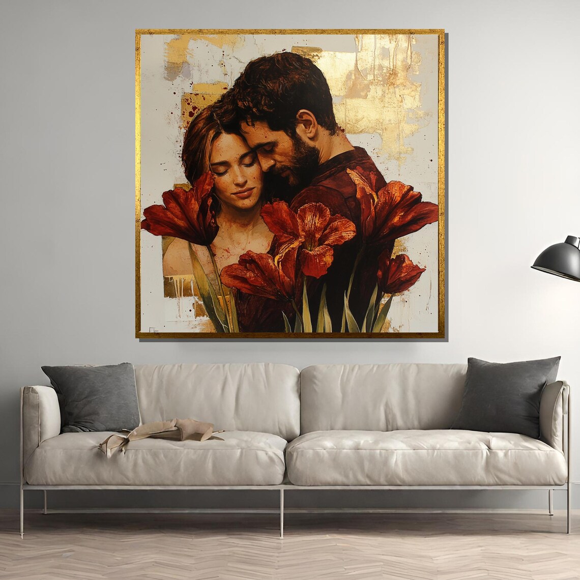 Romantic Couple Embrace with Red Amaryllis Flowers Gold Accents Poster