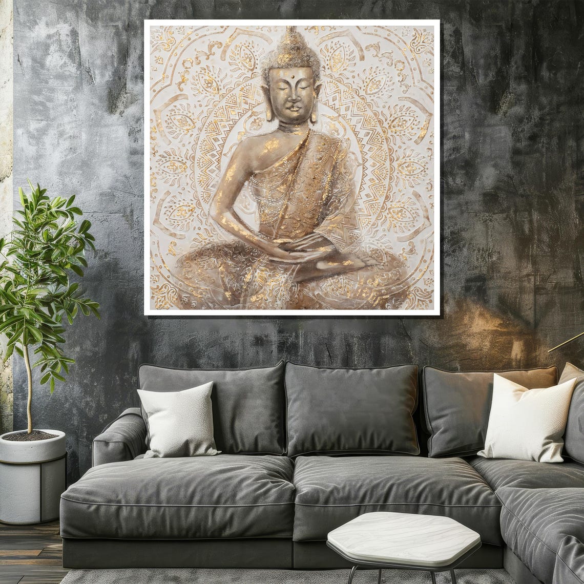 Serene Golden Buddha Meditating Before Mandala Zen Wall Poster - Image 2