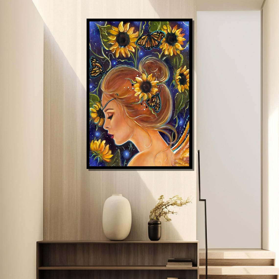 Sunflower Goddess with Butterflies Celestial Garden Portrait Poster - Image 4